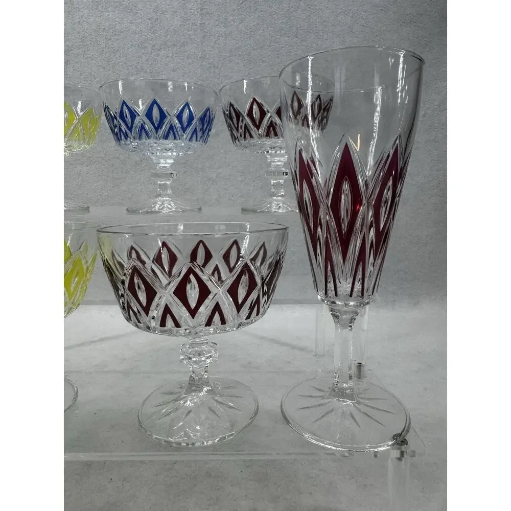 Vintage VMC Reims French Harlequin Crystal Stem Wine Glasses Set of 7 Colors MCM